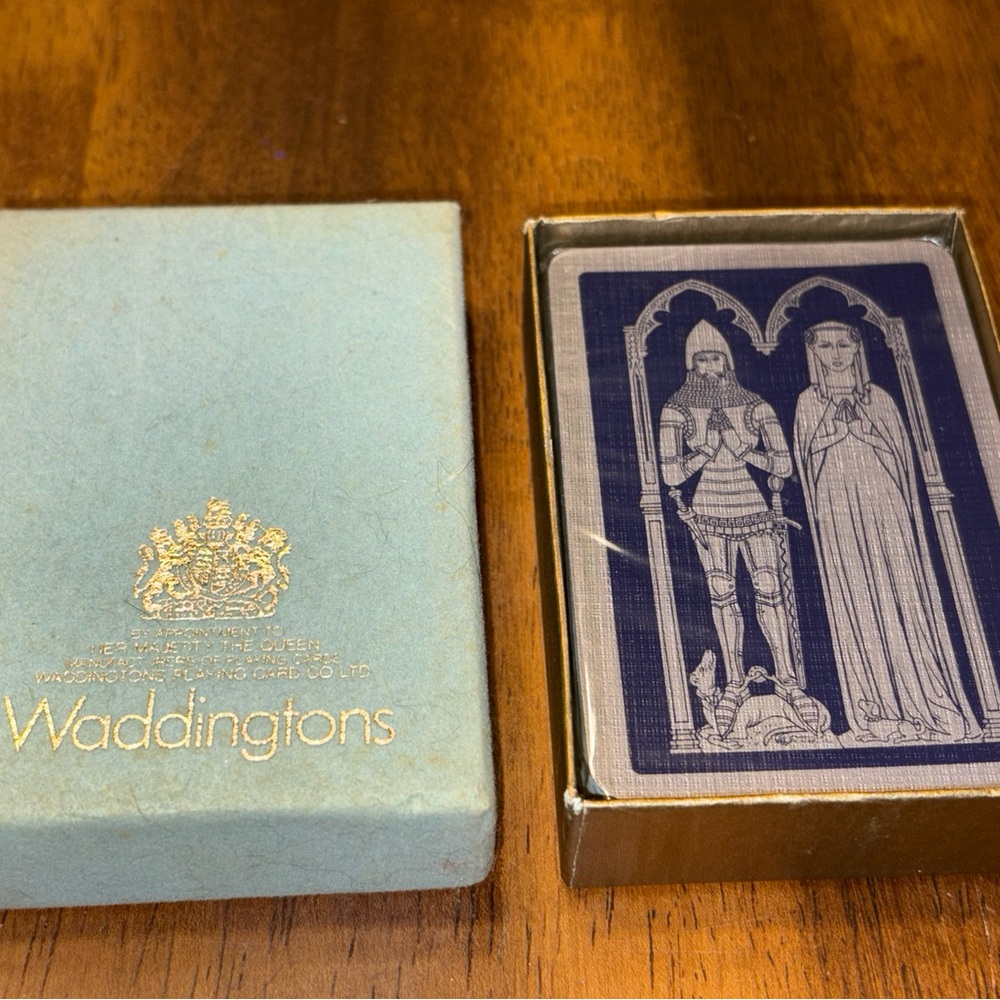 Vintage deck of Waddingtons playing cards featuring a "Knight & Lady" design